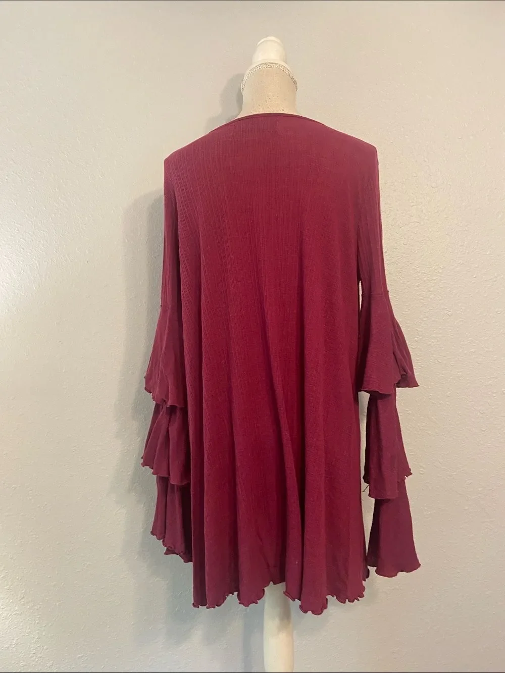 Free People Beach Burgundy Ruffled Long Sleeve Mini Dress Size Medium